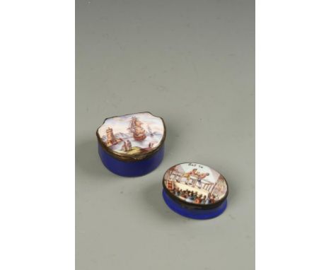 AN EARLY 19TH CENTURY ENAMEL OVAL PATCH BOX, the cover printed with a view of 'Bridgwater', 2" wide, and another, the cover i