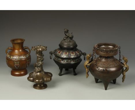 FOUR ORIENTAL BRONZE VESSELS, including a hanging censer, a champleve censer, and two vases, 19th century, 6.5" to 8" high (4