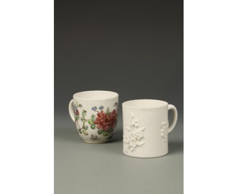 A BOW PORCELAIN COFFEE CUP, with polychrome painted floral decoration, 18th century, and another 18th century bow white porce