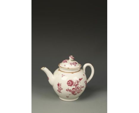 A WORCESTER PORCELAIN TEAPOT AND COVER with painted pink flowers on white ground, 18th century, 6" high