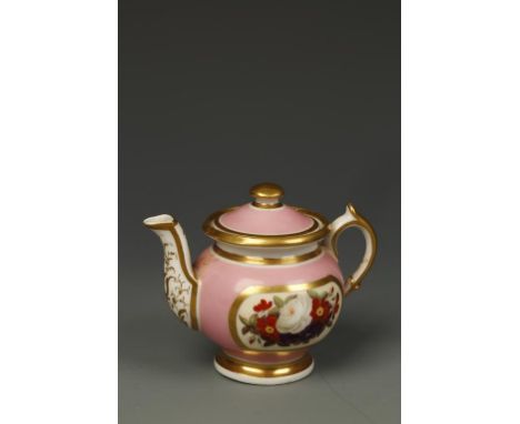 A CHAMBERLAINS WORCESTER MINIATURE TEAPOT AND COVER painted in polychrome with flower decoration in gilt cartouches, on pink 