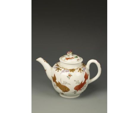 A WORCESTER PORCELAIN TEAPOT AND COVER with polychrome painted and gilt Carp amongst flowers, probably Giles workshop or Kent