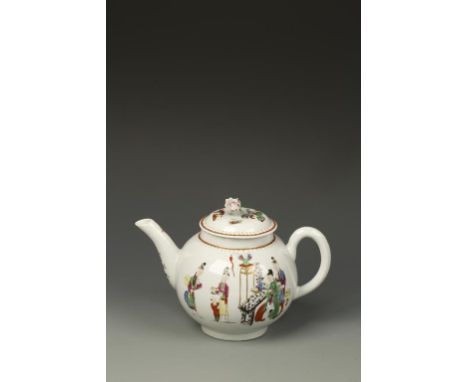 A WORCESTER PORCELAIN TEAPOT AND COVER, printed and polychrome painted in Chinese style with figures at tables, iron-red and 