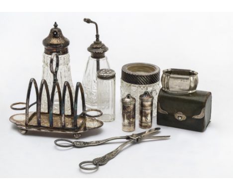 A collection of Victorian and later silver and plate, including a nice cut glass and silver rimmed pot, a Vickery silver moun