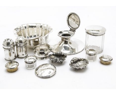 A collection of silver and silver plated items, including a late Victorian sugar basin, an Art Deco silver filled capstan ink