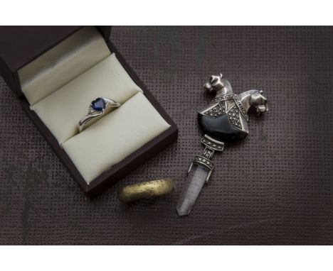 A modern silver brooch by AN, with leopard heads above onyx panel and glass drop, together with a boxed modern silver and gem