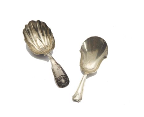 An Edwardian silver tea caddy spoon by H.A, together with a George III silver example with repair to handle (2) 