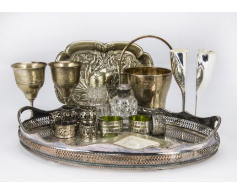 A collection of Victorian and later silver plated items, including a nice indian walking stick handle, an oval Sheffield plat