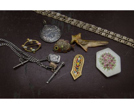 A collection of jewellery and other items, including a silver watch chain with 9ct charm, a gold and turquoise child's ring, 