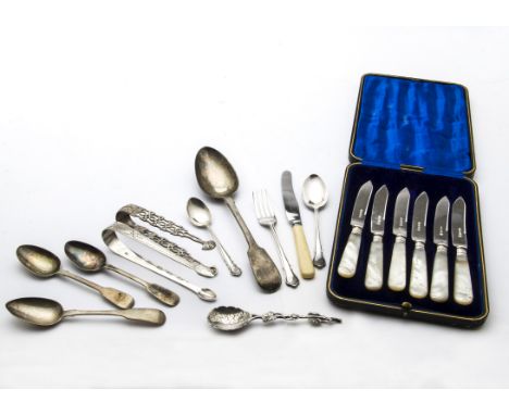 A collection of silver and silver plated flatware and cutlery, including a Victorian silver tablespoon, two Victorian silver 