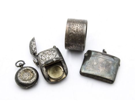 A Victorian silver plated sovereign and vesta case, together with an Edwardian silver sovereign case, dented, a vesta case an