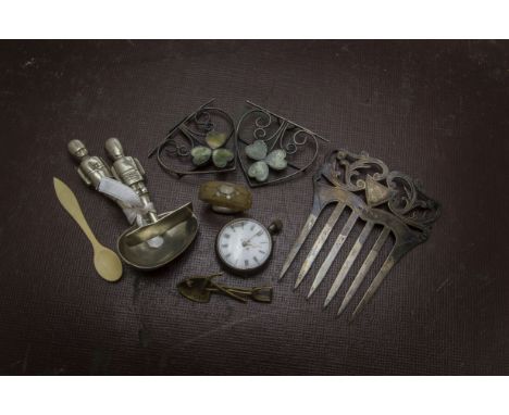 A collection of silver and other items, including a nice Edwardian silver hair comb, a similar period silver belt buckle with