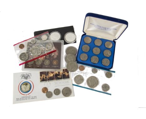 A collection of United States coinage, including a First & Last four coin set, a Susan B. Anthony nine coin proof set in box,