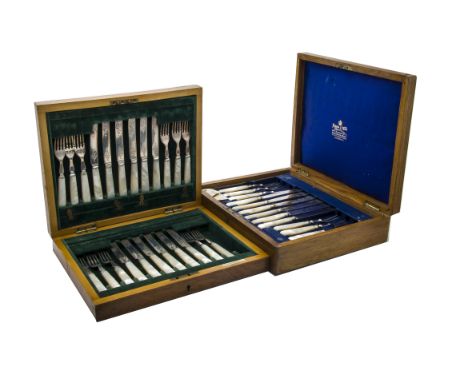 A good cased part set of Victorian silver and mother of pearl handled dessert knives and forks from Elkington & Co, with 12 k