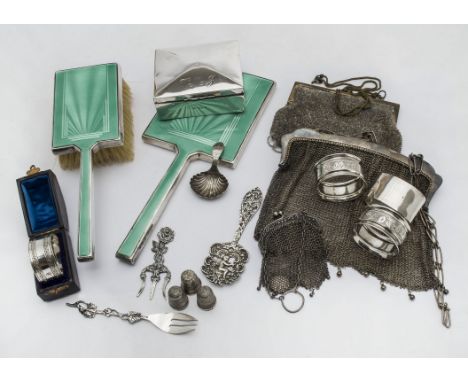 A collection of silver and other items, including an Art Deco silver and enamelled hand mirror and hair brush, a small silver