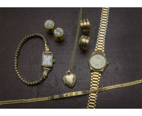 A collection of gold and yellow metal jewellery, along with gold plated jewellery, together with a 9ct gold cased Rotary and 