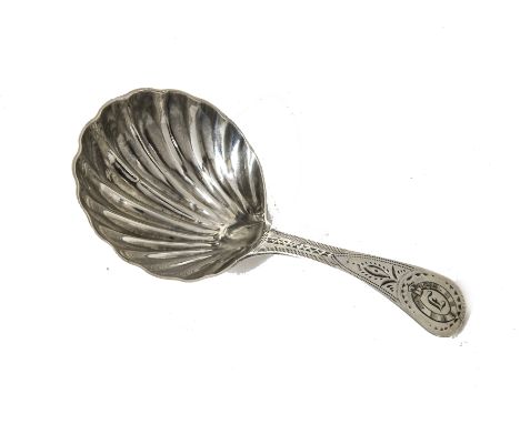 A George III silver tea caddy spoon, shell bowl with Old English bright cut handle, London 1802, markers mark worn 