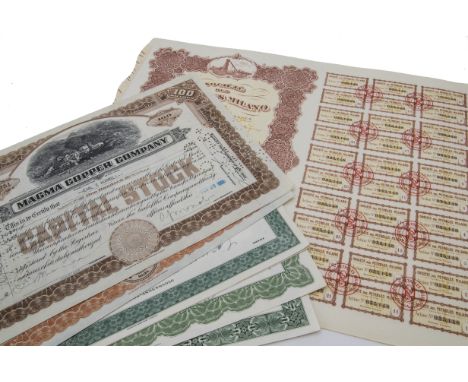 A group of seven vintage mining and other share certificates, two 1930s examples from the Magma Copper Company and others fro