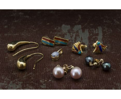 Five pairs of earrings and a pendant, including a pink and a black pearl pair, a 9ct gold drop pair, and two gold and inlaid 