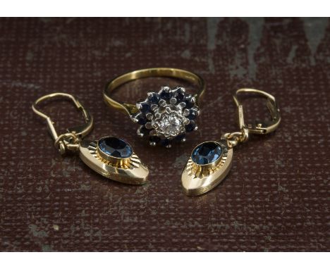 A 1970s 18ct gold diamond and sapphire cluster ring, 3.4g, together with a pair of 9ct gold and blue stone earrings, 2.5g (3)