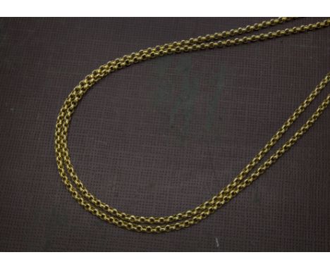 A vintage 9ct gold muff chain, the opera length belcher links with snap clasp to one end, 31.5g, one link base metal, clasp l