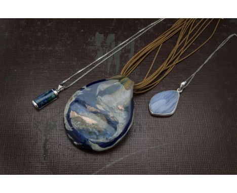 A collection of modern silver and other jewellery, including a cuff bangle, a Murano glass pendant, various earrings and neck