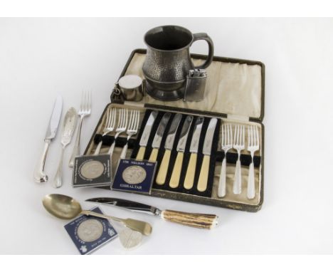 A collection of silver plated flatware and other items, including a silver Churchill medallion in box, a large jewellers loup