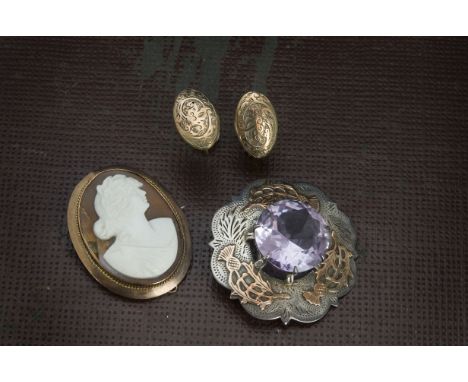 A vintage Scottish silver and paste brooch, together with a cameo brooch marked 9ct and a pair of earrings possibly converted
