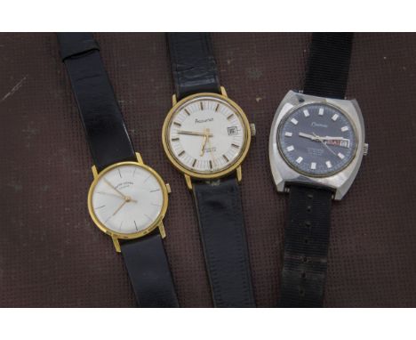 Three vintage gentlemens wristwatches, including a cushion shaped Chateau, a mid-sized gilt Favre-Leuba and a gilt Accurist (