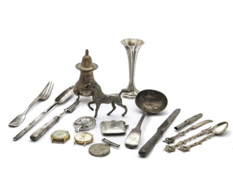 A collection of Georgian and later silver and silver plated items, including a George III silver marrow scoop, sauce ladle an