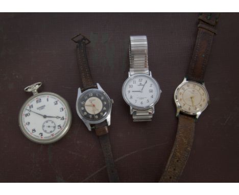A group of nine watches, including three 9ct gold cased ladies wristwatches, a Sekonda train themed pocket watch, a vintage g