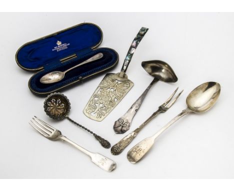 A collection of Victorian and later silver and white metal items of flatware, including a harlequin set of fiddle pattern des