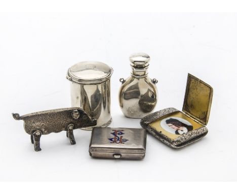 Five Victorian and later small silver curios, including a vesta case with printed portrait behind panel, a pig, a vesta case 