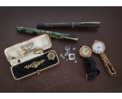 Two Edwardian and later 9ct gold cased ladies wristwatches and other items, one on a 9ct marked expanding strap, together wit