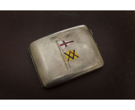 An Edwardian silver cigarette case, having design of two flags on flag pole in enamel, Chester 1909, 7 ozt 