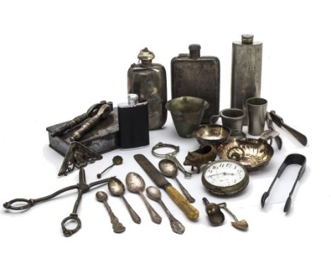 A collection of Victorian and later silver and silver plated items, including a George VI silver hipflask from Mappin & Webb,