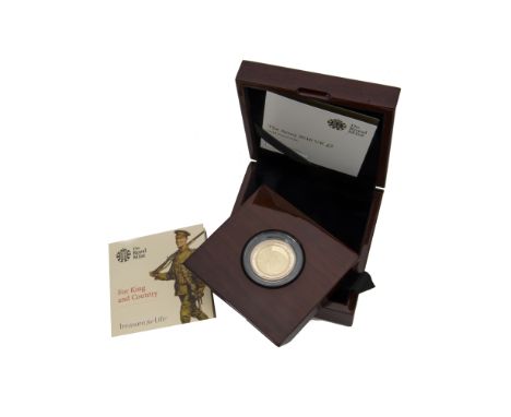 An Elizabeth II The Army 2016 UK Two Pound Gold Proof Coin, in plastic capsule, Unc, and in wooden box with outer box, certif
