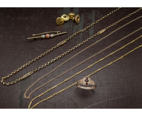 A collection of gold and yellow metal jewellery, including three 18ct gold dress studs, 2g, a 9ct gold example, three necklac