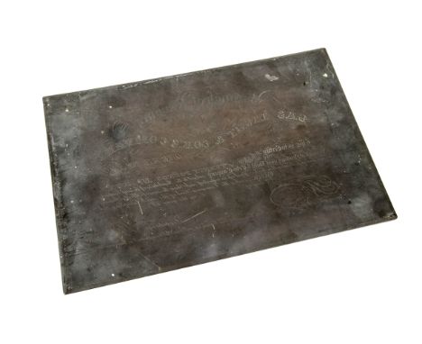 An early Victorian period Borough of Newbury share certificate copper printing plate, for the Gas Light & Coke Company, twent