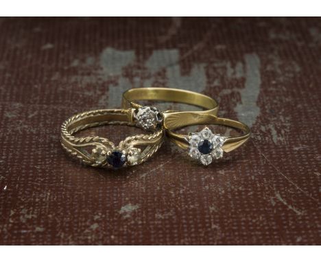 Two 9ct gold and gem set rings, 4g, together with a gold and diamond solitaire ring, 2.7g (3) 