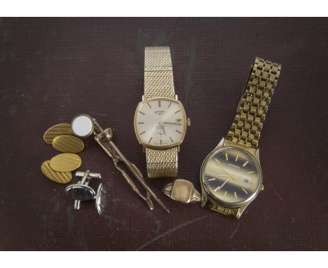 A 1970s 9ct gold cased Rotary gentleman's wristwatch, on gold plated expandable strap, with black Rotary box, together with a