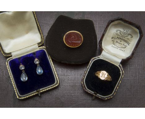 A pretty pair of Edwardian blue paste earrings, in a case, together with a Victorian 9ct gold signet ring in a box and a Geor