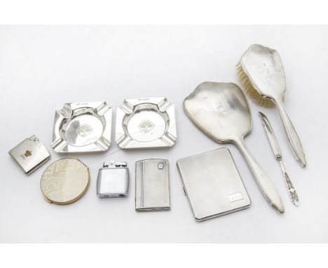A collection of silver and other items, including a pair of silver ashtrays and a silver and blue enamel cigarette case, a si