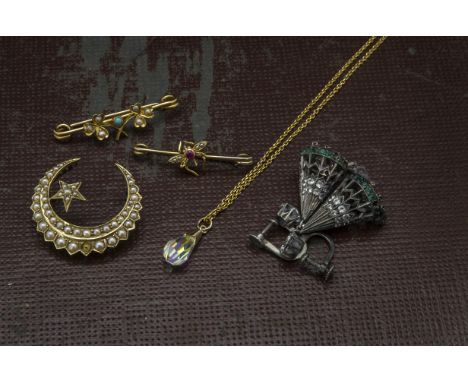 A Victorian gold and seed pearl crescent brooch, pin snapped off, together with two gold bar brooches, 10g, a pair of silver 
