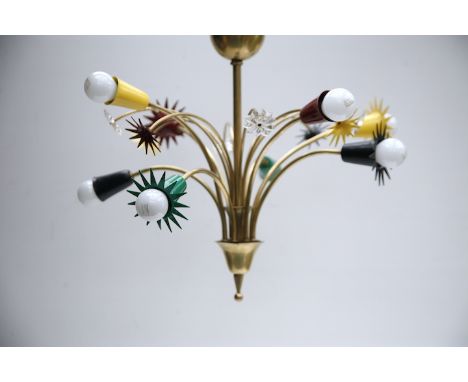 A retro mid century 1950s French designer eight branch hanging ceiling light / chandelier. The light having a central brass c