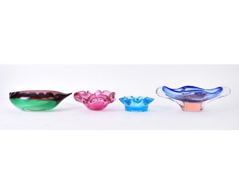 An assortment of four continental vintage mid 20th century circa 1960s &amp; 1970s hand blown polychrome glass ashtrays &amp;