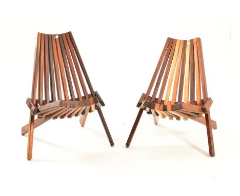 A pair of retro late 20th century Kentucky stick chairs. The folding chairs of birch wood stick construction. Measures approx