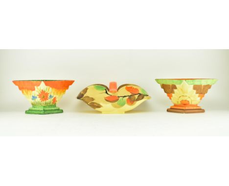 Myott, Son &amp; Co. - three early 20th century circa 1930s Art Deco ceramic table centrepieces, being two inverse pyramid va