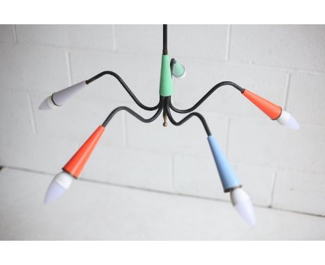 A retro mid century 1950s five branch hanging ceiling light. The light having brass steel frame with five protruding arms eac