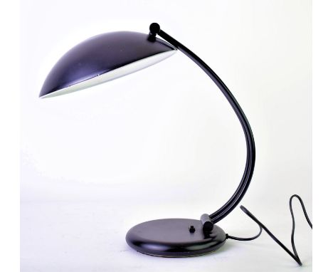 A vintage mid 20th century circa 1970s black metal UFO style desk table lamp light. The lamp having a disk shaped shade over 